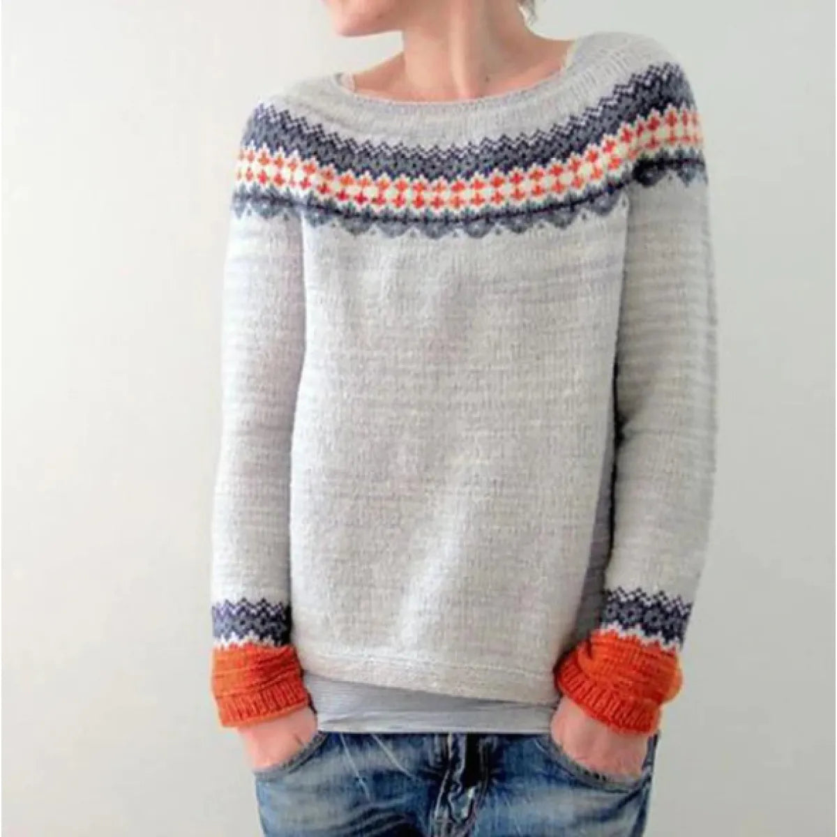 Women's Multicolor Round Neck Loose Knit Sweater WEM Support (www.WEM.support)