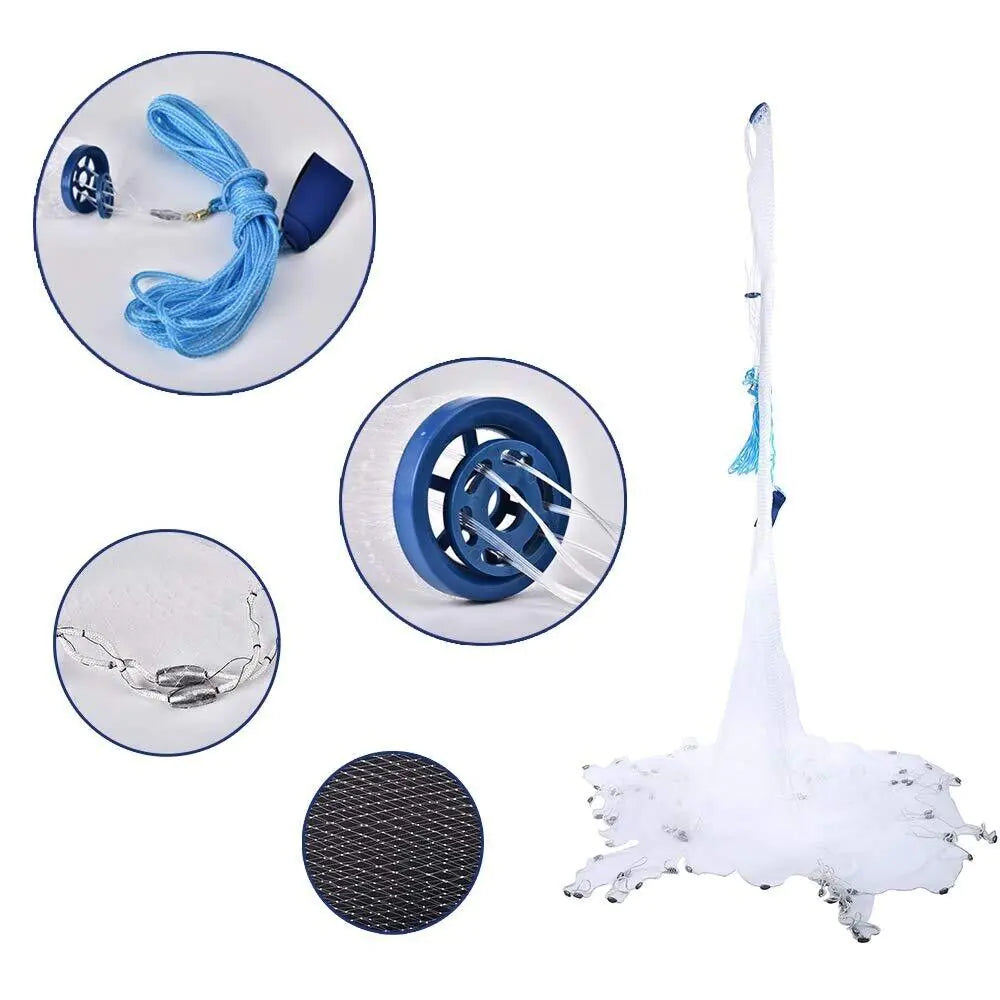 6/8/10/12/16FT Fishing Cast Net Bait Easy Throw Hand Cast Strong Nylon Mesh USA WEM Support (www.WEM.support)