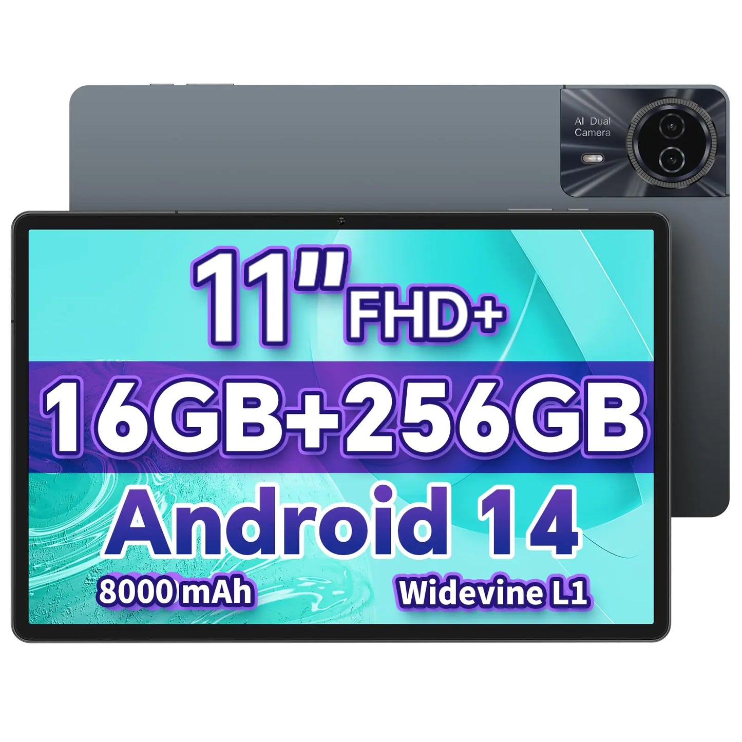 The image shows a 11 inch ODEA Android 14 tablet with a dual camera system, highlighting its 16GB + 256GB storage and 8000mAh battery feature.