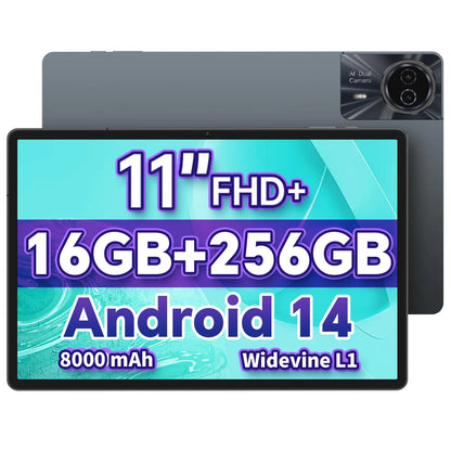 The image shows a 11 inch ODEA Android 14 tablet with a dual camera system, highlighting its 16GB + 256GB storage and 8000mAh battery feature.