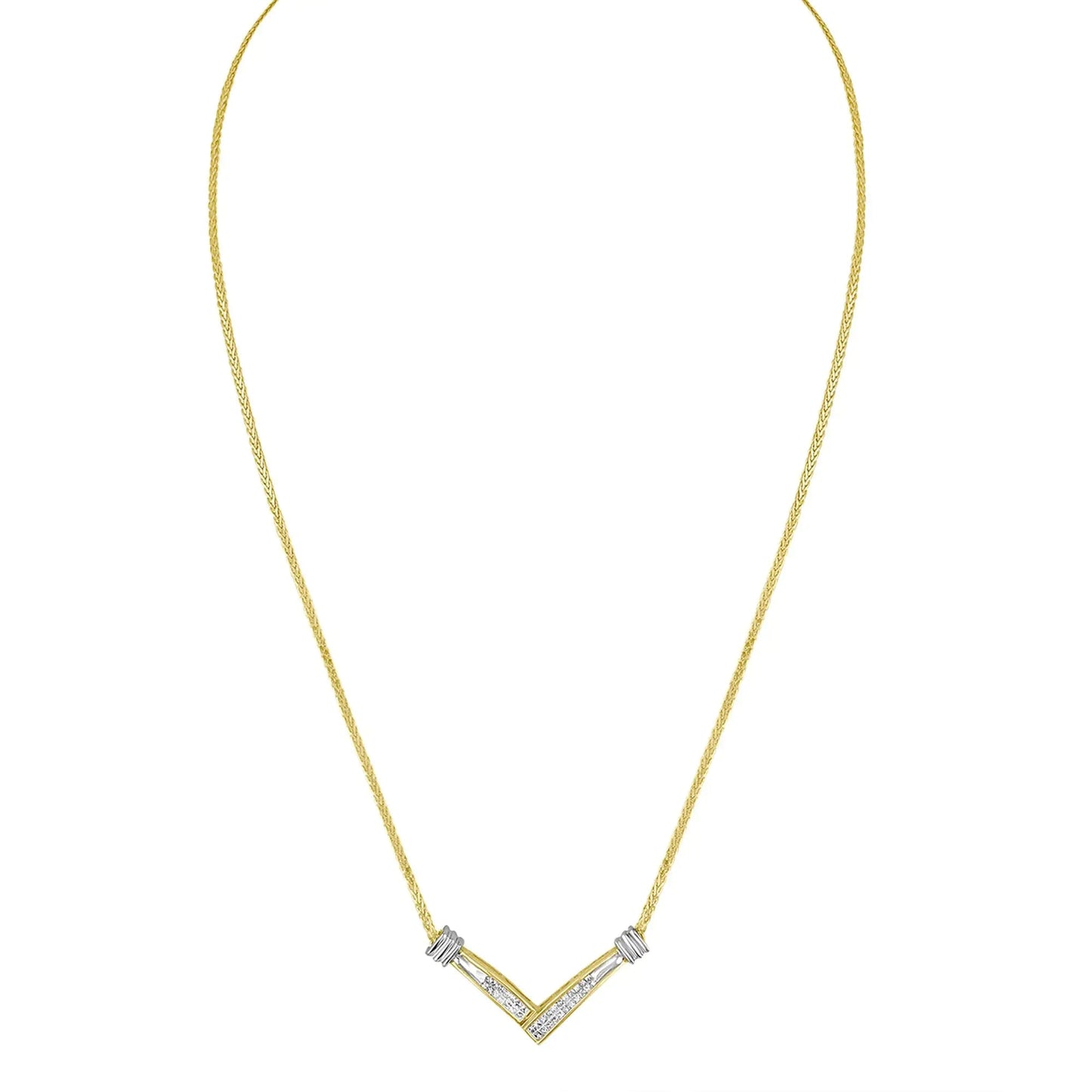 14K Yellow and White Gold 1/4 Cttw Princess Cut Diamond Channel-Set “V” Shape 18" Pendant Necklace (H-I Color, SI2-I1 Clarity) WEM Support (www.WEM.support)