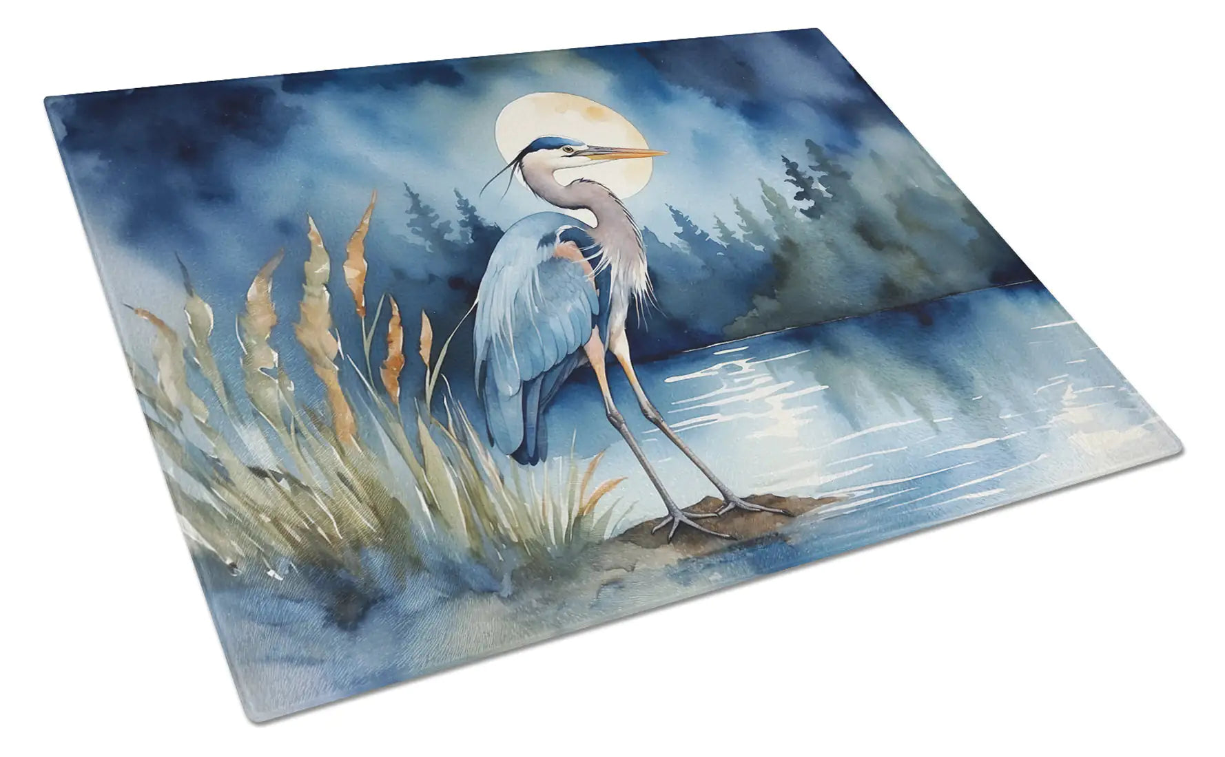 Blue Heron Under the Moonlight Glass Cutting Board WEM Support (www.WEM.support)