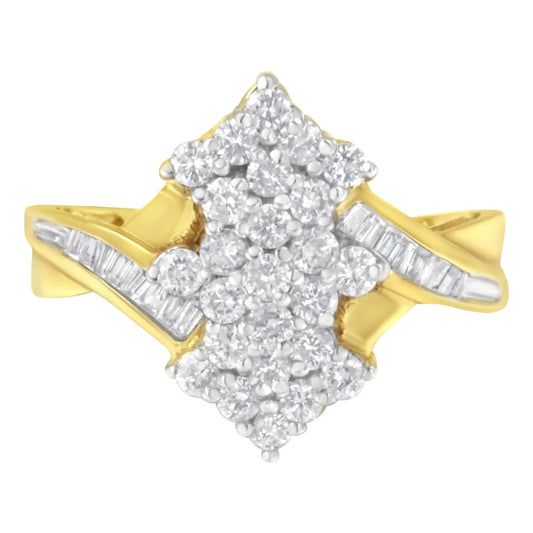 10K Yellow Gold Round And Baguette Cut Diamond Cluster Ring (1 1/10 Cttw, H-I Color, SI2-I1 Clarity) WEM Support (www.WEM.support)