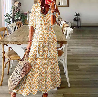 Bohemian V-Neck Long Sleeve Midi Dress for Women WEM Support (www.WEM.support)