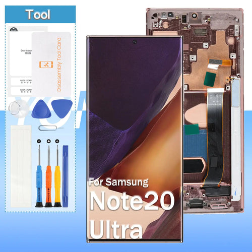 OLED screen replacement kit for Samsung Galaxy Note20 Ultra, including a screen with frame and tools for installation, displayed with the device's internal components visible.