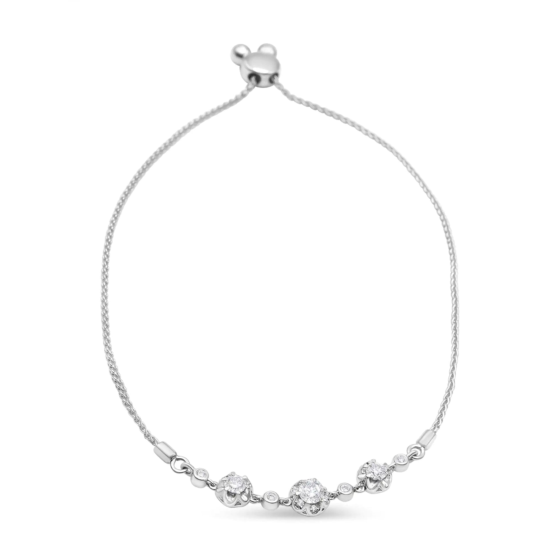 10K White Gold 0.41 Cttw Round Prong and Bezel Set Cluster Diamond Alternate Pattern Bolo Bracelet (I-J Color, I1-I2 Clarity) - Adjustable 4" to 10" WEM Support (www.WEM.support)