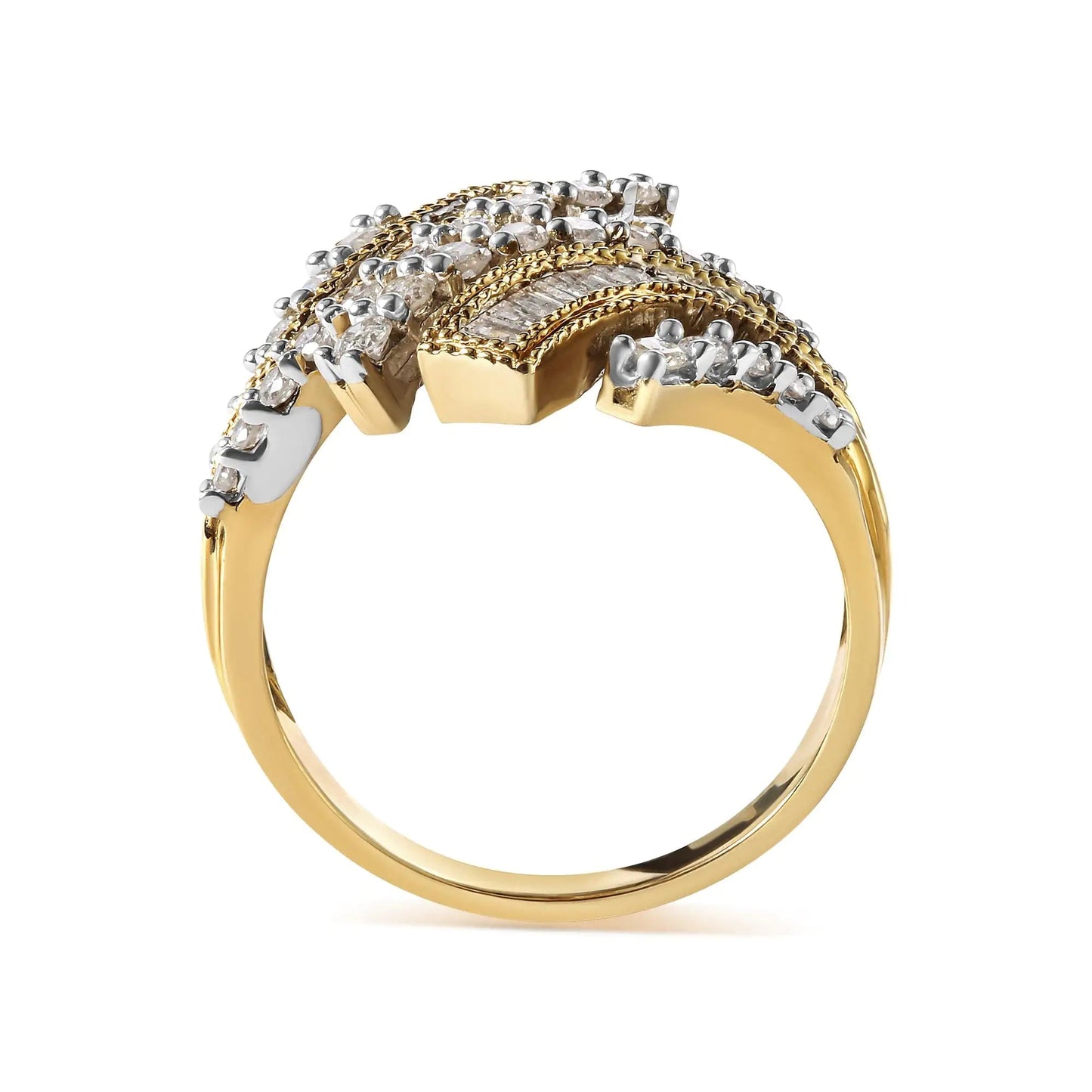 10K Yellow Gold 1.0 Cttw Round and Baguette Diamond Woven Bypass Ring (H-I,I1-I2) WEM Support (www.WEM.support)