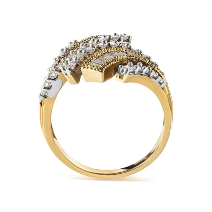 10K Yellow Gold 1.0 Cttw Round and Baguette Diamond Woven Bypass Ring (H-I,I1-I2) WEM Support (www.WEM.support)