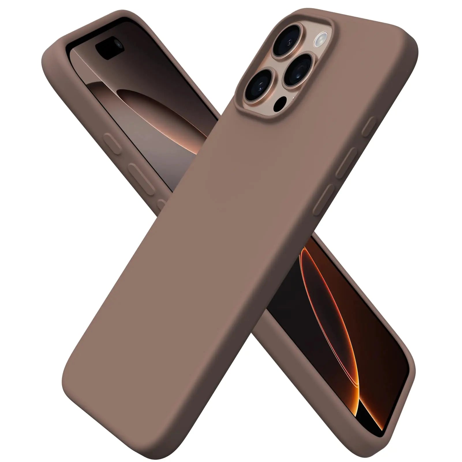 A pair of iPhone 16 Pro Max cases in baby blue color, displayed in back and front view, showing the liquid silicone material and the camera cutouts.