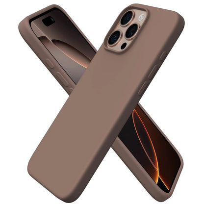 A pair of iPhone 16 Pro Max cases in baby blue color, displayed in back and front view, showing the liquid silicone material and the camera cutouts.