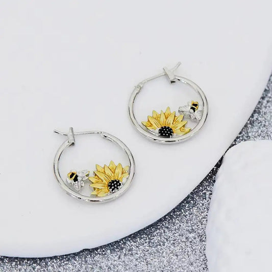Sunflower Bee Round Ring Earrings Color Meiko WEM Support (www.WEM.support)