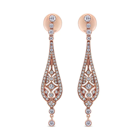 18K Rose Gold 1 3/4 Cttw Diamond Milgrain Edged Vintage Art Deco Style Drop and Dangle Earring (F-G Color, VS1-VS2 Clarity) WEM Support (www.WEM.support)