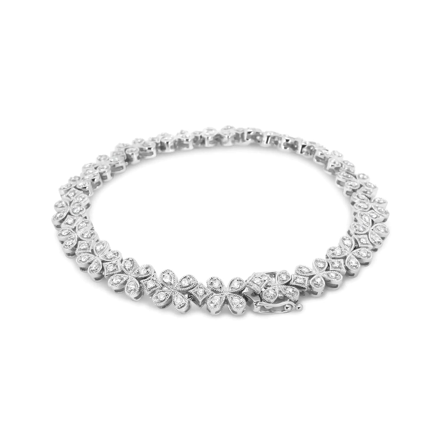 14K White Gold 1 1/2 Cttw Round Diamond Floral Clover-Shaped Link Bracelet (H-I Color, SI1-SI2 Clarity) - Size 7" WEM Support (www.WEM.support)