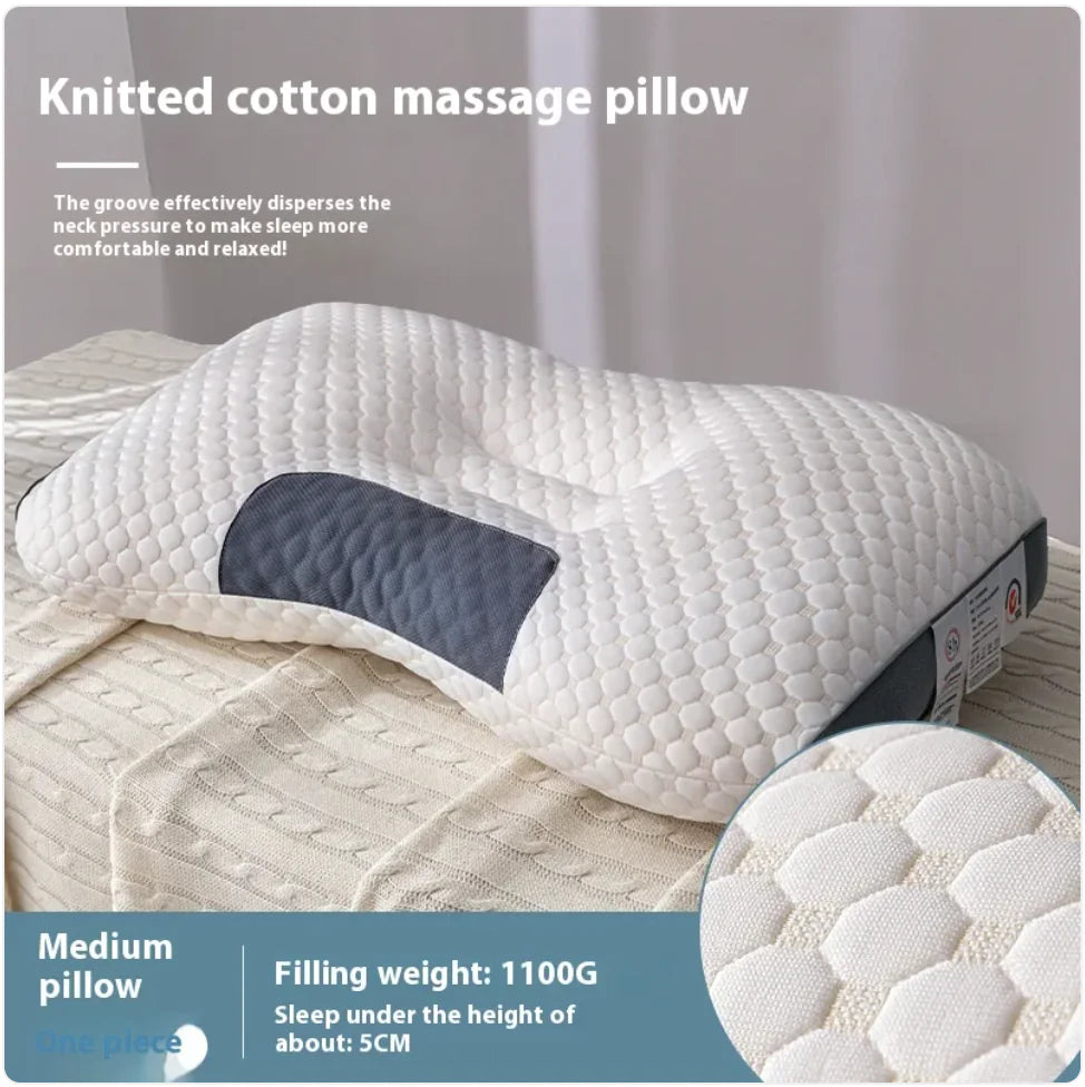 A white orthopedic cervical support pillow with a 3D knitted honeycomb design, labeled as a medium pillow with a filling weight of 1100g and a height of approximately 5cm.