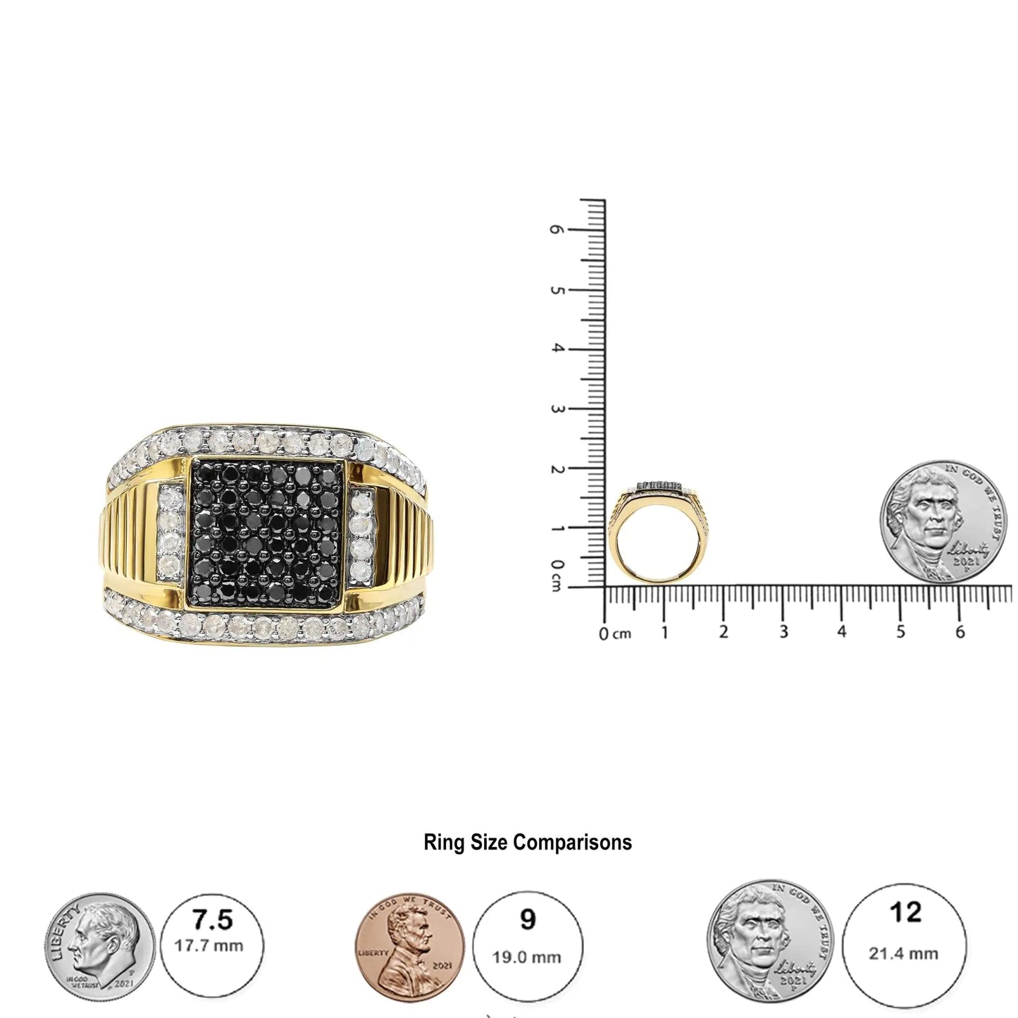 Men's 14K Yellow Gold Plated .925 Sterling Silver 1 1/2 Cttw White and Black Treated Diamond Cluster Ring (Black / I-J Color, I2-I3 Clarity) WEM Support (www.WEM.support)
