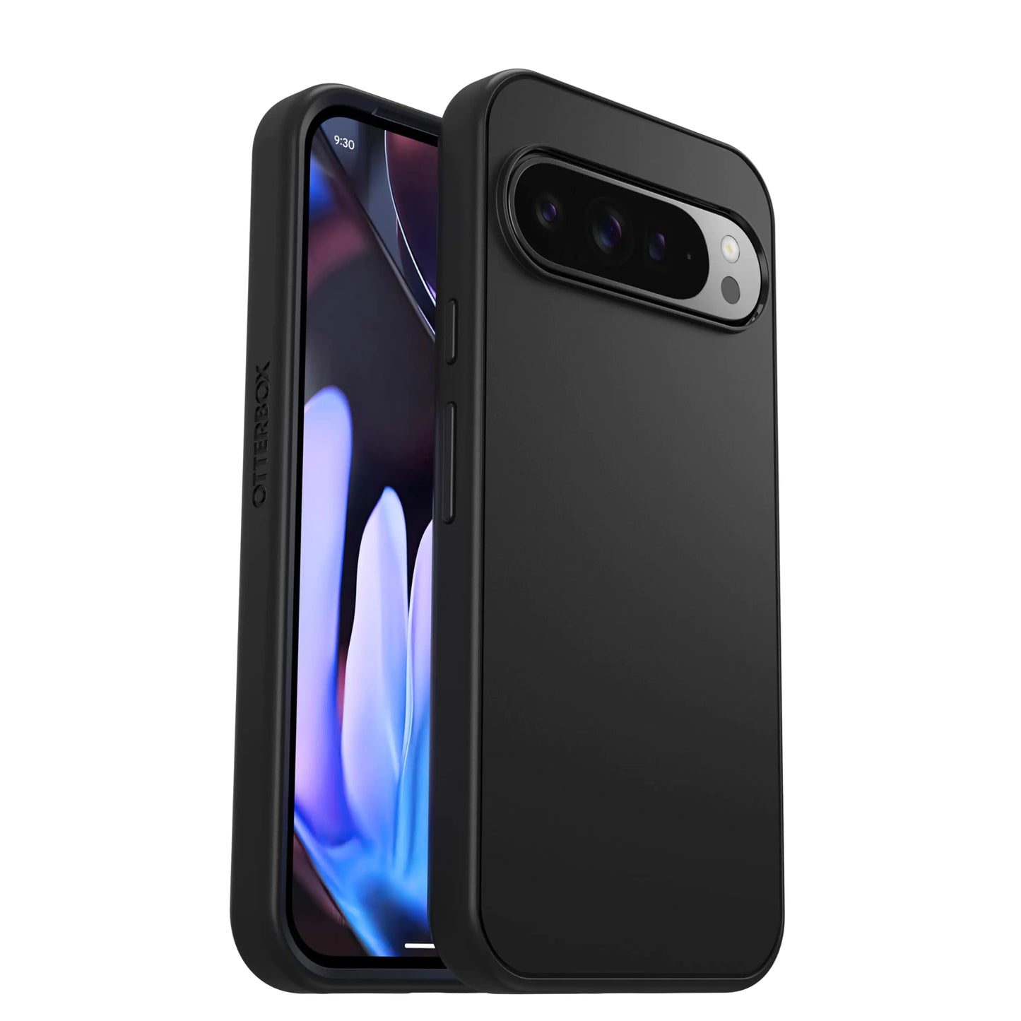A black OtterBox Symmetry case for Google Pixel 9 / Pixel 9 Pro smartphones, showing the back, side, and camera protection.