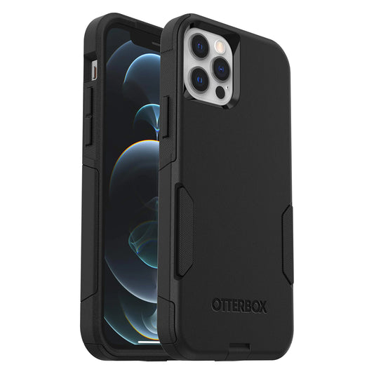 OtterBox Commuter Series case for iPhone 12 and iPhone 12 Pro in black color, showing the front and back view of the case.
