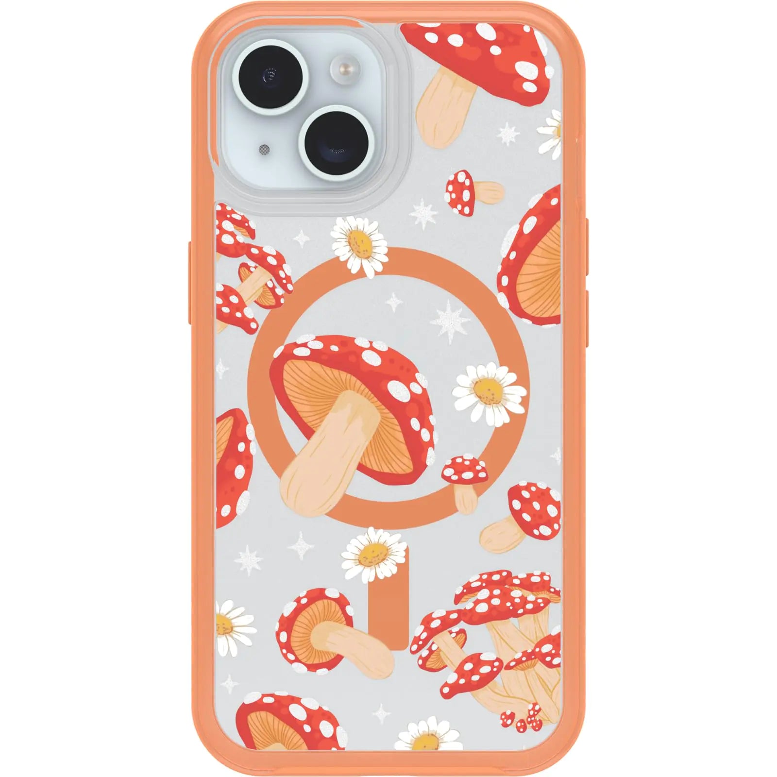 A clear plastic OtterBox case for iPhone, featuring a pattern with mushrooms and stars in a silver and orange color scheme.