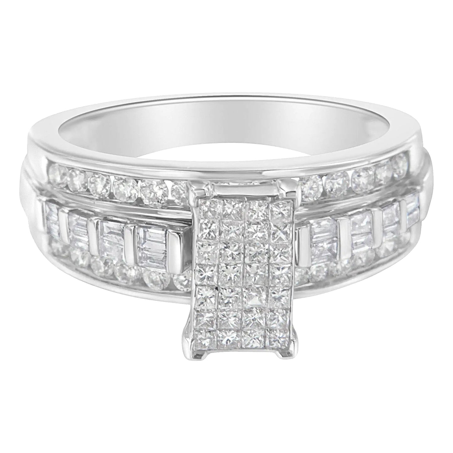 14K White Gold 1.0 Cttw Mixed-Cut Diamond Rectangle Invisible-Set Composite Cluster Ring with Bar- and Channel-Set Band (H-I Color, SI2-I1 Clarity) WEM Support (www.WEM.support)