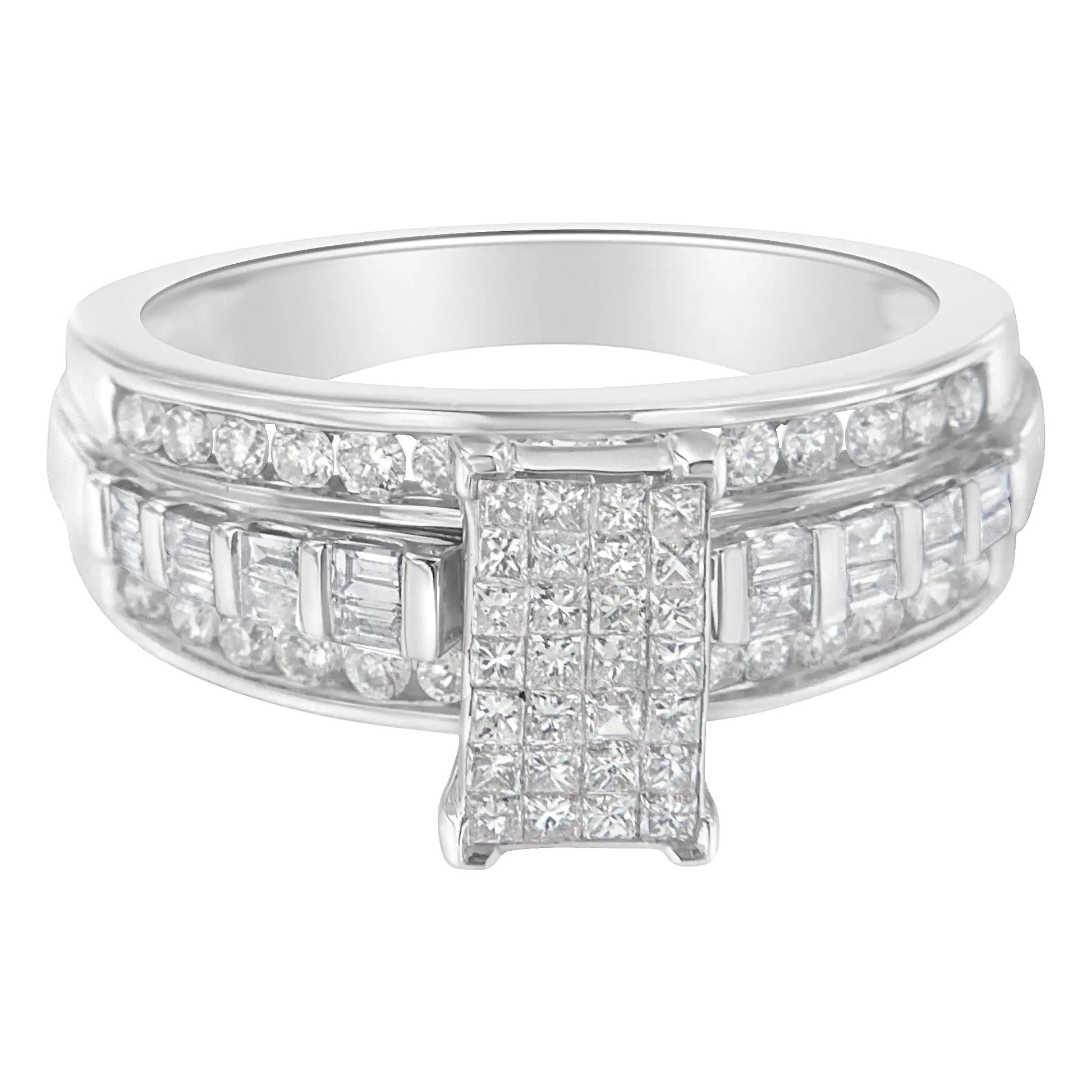 14K White Gold 1.0 Cttw Mixed-Cut Diamond Rectangle Invisible-Set Composite Cluster Ring with Bar- and Channel-Set Band (H-I Color, SI2-I1 Clarity) WEM Support (www.WEM.support)