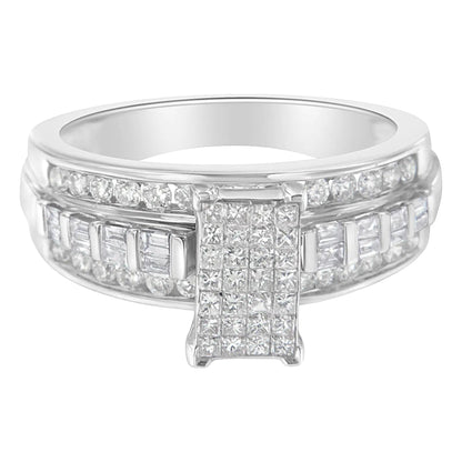 14K White Gold 1.0 Cttw Mixed-Cut Diamond Rectangle Invisible-Set Composite Cluster Ring with Bar- and Channel-Set Band (H-I Color, SI2-I1 Clarity) WEM Support (www.WEM.support)