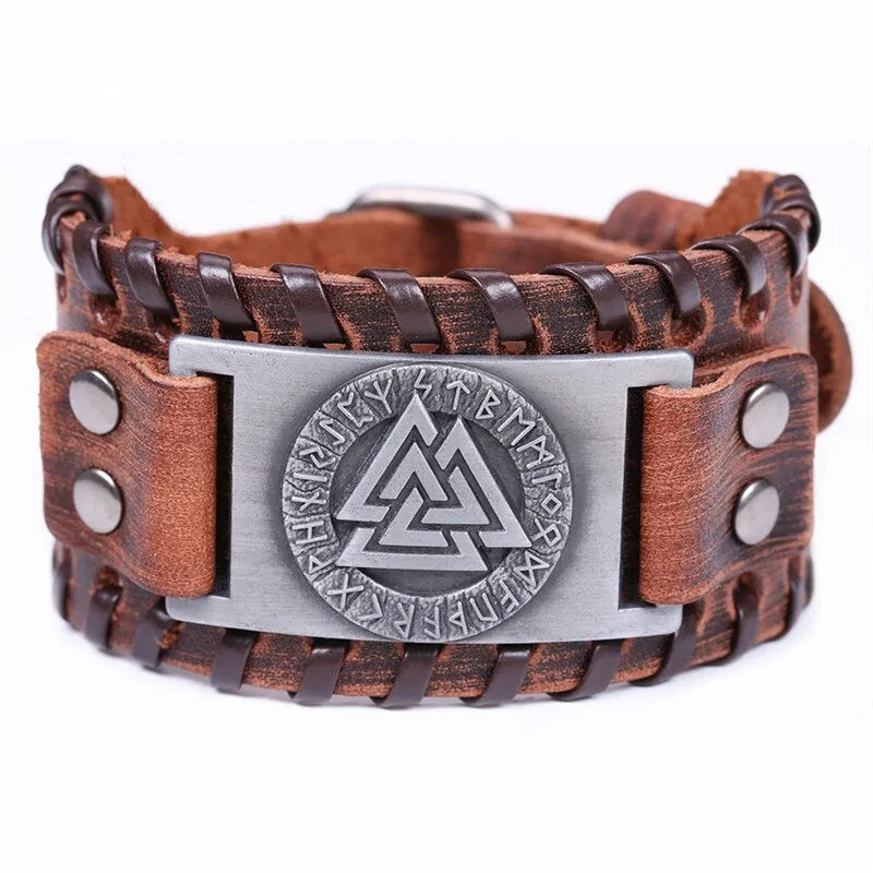 Viking Valknut Amulet Leather Bracelet WEM Support (www.WEM.support)