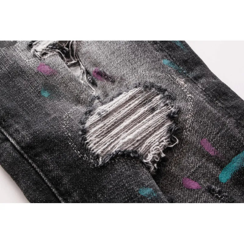 Men's Ripped Patch Jeans Youth Slim Pants Biker Pants Inkjet Personality WEM Support (www.WEM.support)