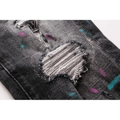 Men's Ripped Patch Jeans Youth Slim Pants Biker Pants Inkjet Personality WEM Support (www.WEM.support)