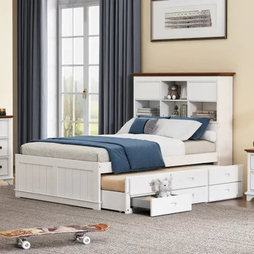 Solid Pine Captain Bookcase Bed With Trundle Bed And 3 Spacious Under Bed Drawers In Casual,Full, White Walnut WEM Support (www.WEM.support)