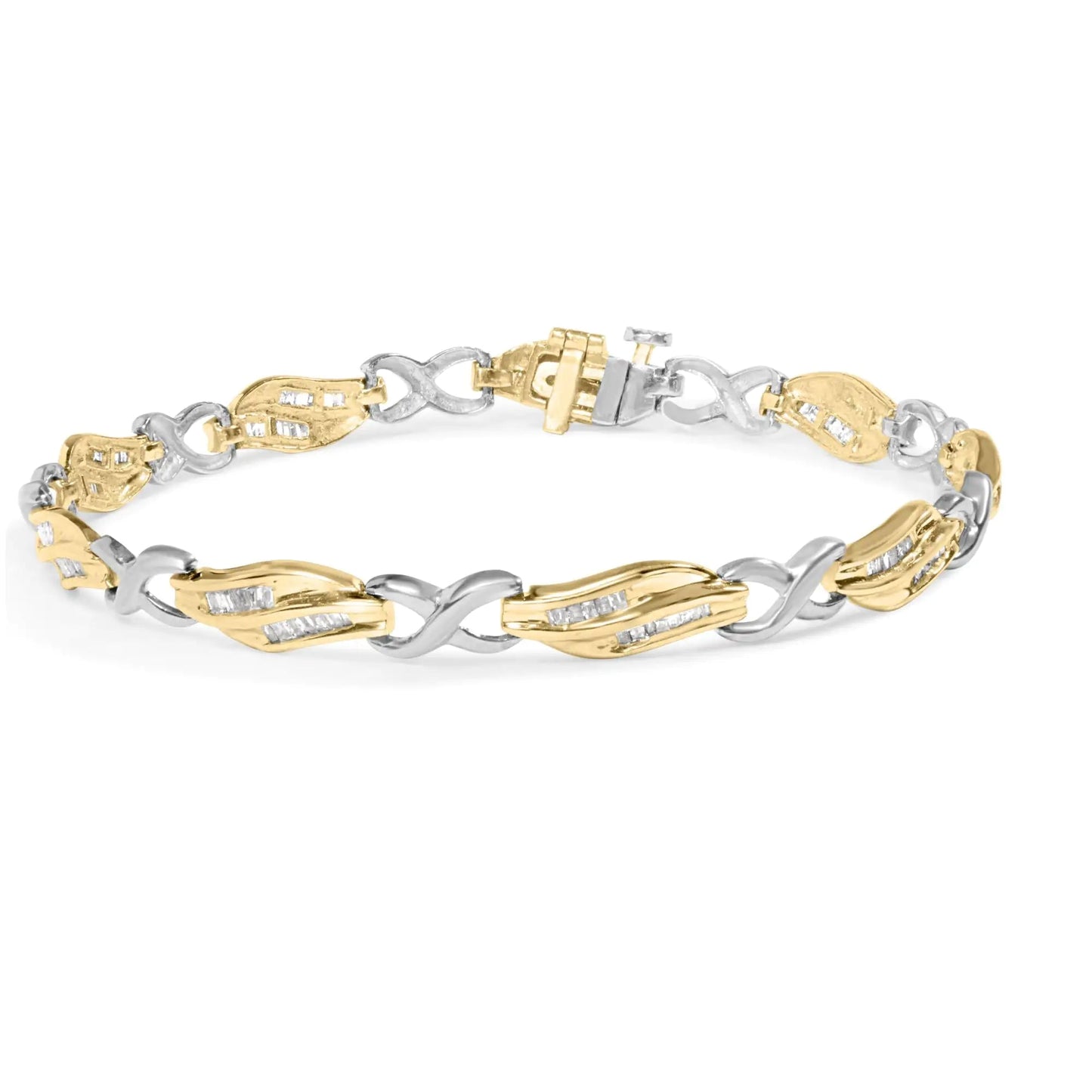 10K Two Tone Gold 1.00 Cttw Channel Set Baguette Diamond Chevron Wave Link 7" Bracelet (I-J Color, I2-I3 Clarity) WEM Support (www.WEM.support)