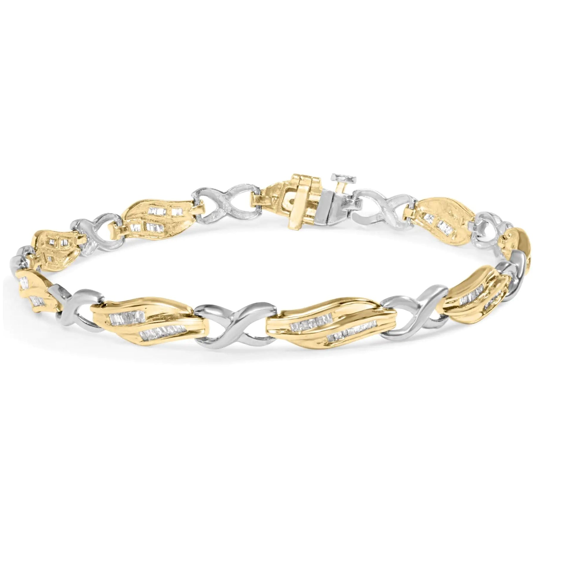 10K Two Tone Gold 1.00 Cttw Channel Set Baguette Diamond Chevron Wave Link 7" Bracelet (I-J Color, I2-I3 Clarity) WEM Support (www.WEM.support)