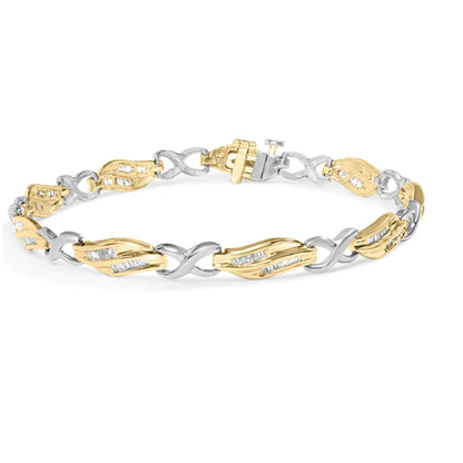 10K Two Tone Gold 1.00 Cttw Channel Set Baguette Diamond Chevron Wave Link 7" Bracelet (I-J Color, I2-I3 Clarity) WEM Support (www.WEM.support)