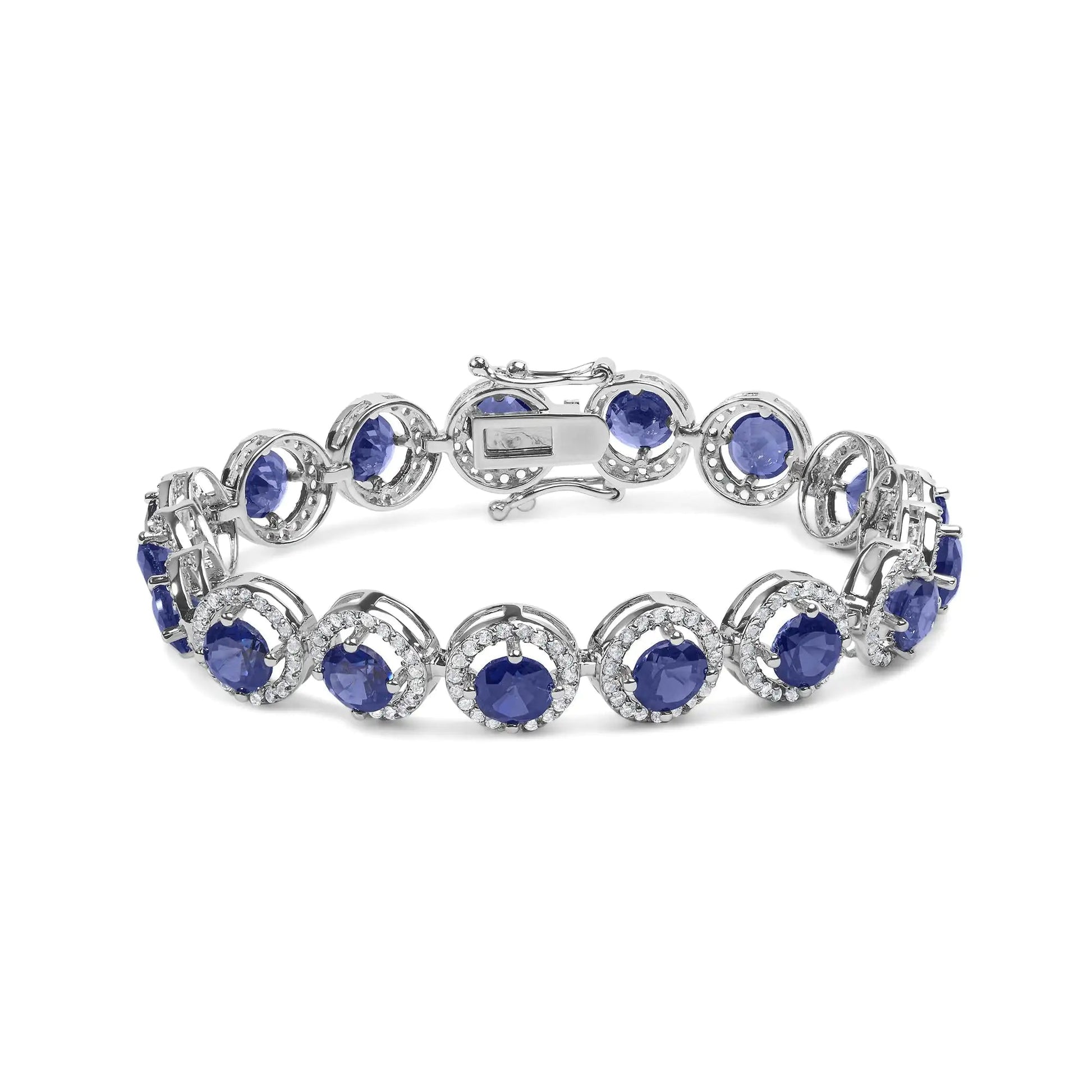.925 Sterling Silver 21.0 Cttw Created Blue Sapphire and White Topaz Halo Link Bracelet - 7.25 inch WEM Support (www.WEM.support)