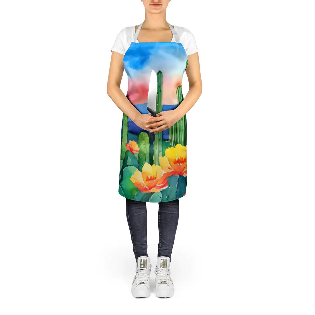 Arizona Saguaro Cactus Blossom in Watercolor Apron WEM Support (www.WEM.support)