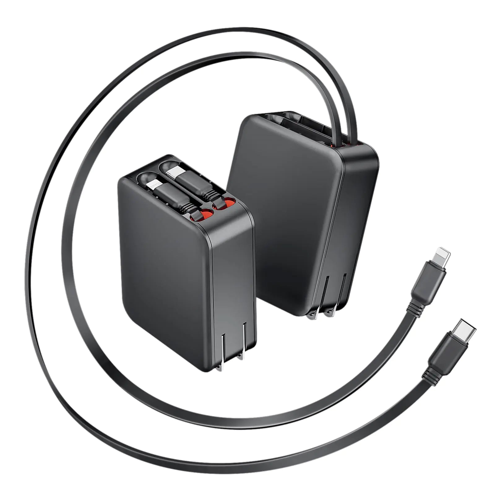 A black retractable wall charger with a USB-C connector and dual retractable cables, designed for devices like smartphones.