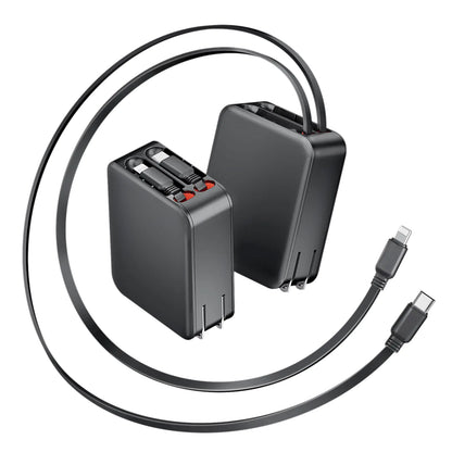 A black retractable wall charger with a USB-C connector and dual retractable cables, designed for devices like smartphones.