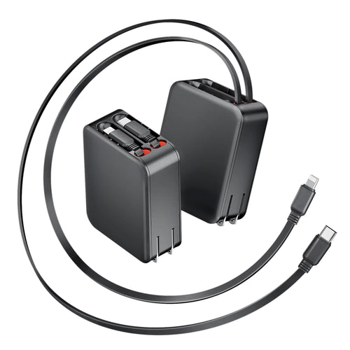 A black retractable wall charger with a USB-C connector and dual retractable cables, designed for devices like smartphones.