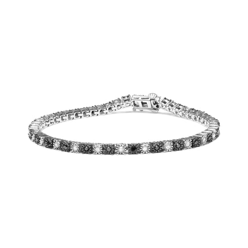.925 Sterling Silver 1.0 Cttw with Alternating Round White Diamond and Round Treated Black Diamond Tennis Bracelet (Black and I-J Color, I3 Clarity) - Size 7" Inches WEM Support (www.WEM.support)