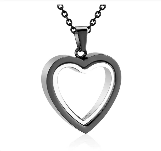 A heart-shaped black memorial locket pendant with an openable design, complemented by a silver O-chain.