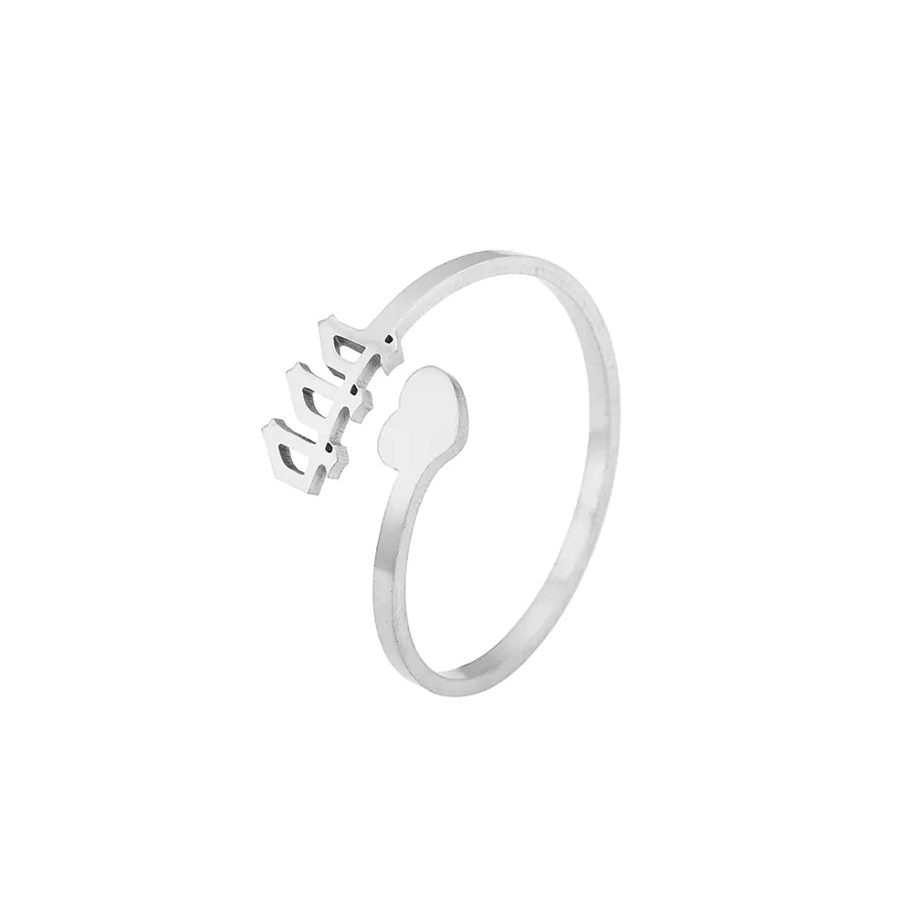 A silver-colored personalized stainless steel ring with a creative number design on the top part, displayed against a white background.