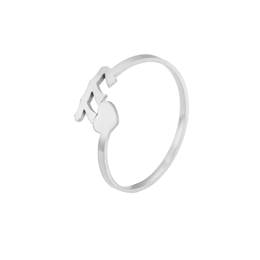 A silver-colored personalized stainless steel ring with a creative number design on the top part, displayed against a white background.