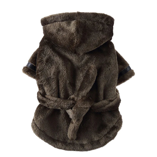 A brown pet bath towel bathrobe made of soft fabric, designed for both dogs and cats.