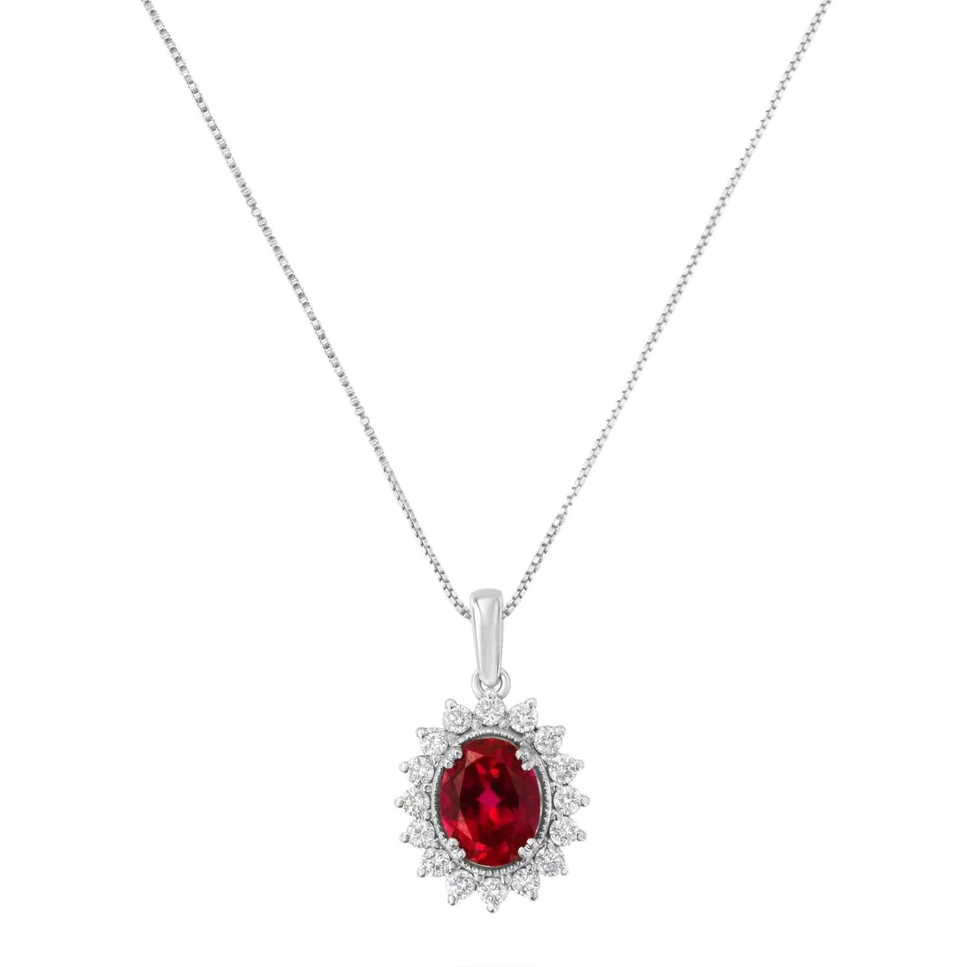 10K White Gold Created 9MM Ruby Gemstone and Natural Diamond Pendant Necklace (H-I Color, I1-I2 Clarity) WEM Support (www.WEM.support)