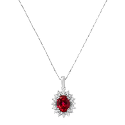 10K White Gold Created 9MM Ruby Gemstone and Natural Diamond Pendant Necklace (H-I Color, I1-I2 Clarity) WEM Support (www.WEM.support)