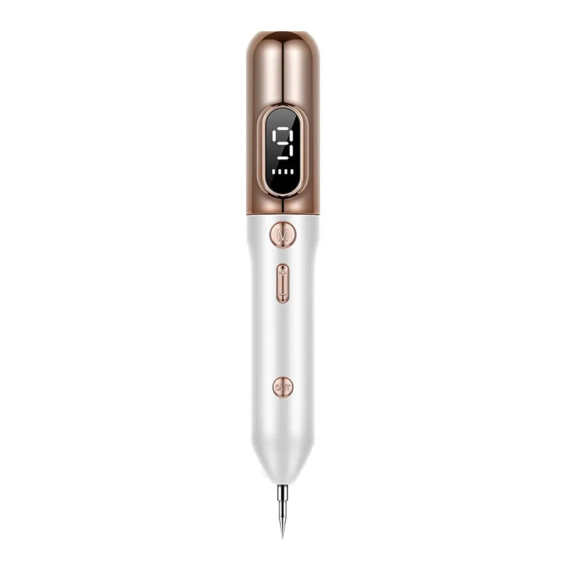 A handheld Plasma Pen Laser Tattoo & Mole Removal Device with a digital display, silver body and black tip.