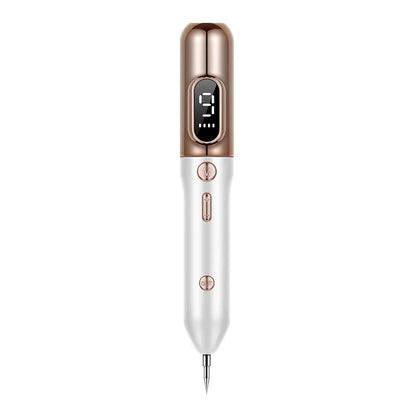 A handheld Plasma Pen Laser Tattoo & Mole Removal Device with a digital display, silver body and black tip.
