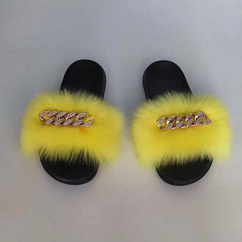 A pair of yellow plush flip flops with a faux fur top and a chain detail on the strap.