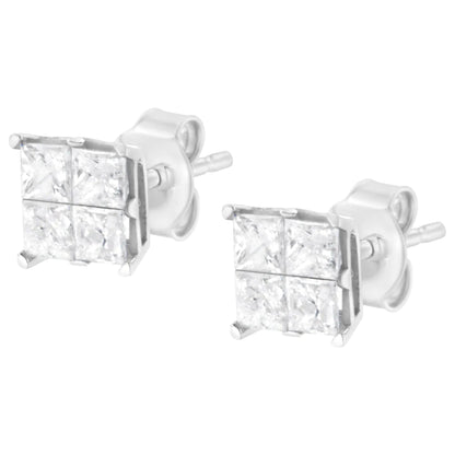 10K White Gold 1.00 cttw Invisible Set Princess-Cut Diamond Composite Square Shape Stud Earrings (G-H Color, I2-I3 Clarity) WEM Support (www.WEM.support)