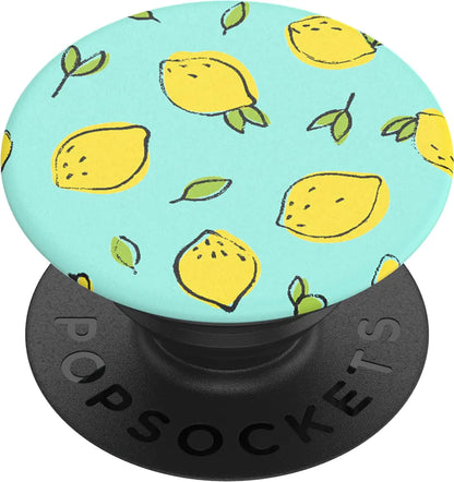 A PopSockets phone grip with a pink background featuring a pattern of cartoon strawberry characters with faces.