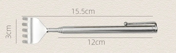 A silver portable back scratcher with dimensions: 15.5 cm in length, 3 cm at the scratcher surface, and 12 cm between the handle and the scratcher surface.
